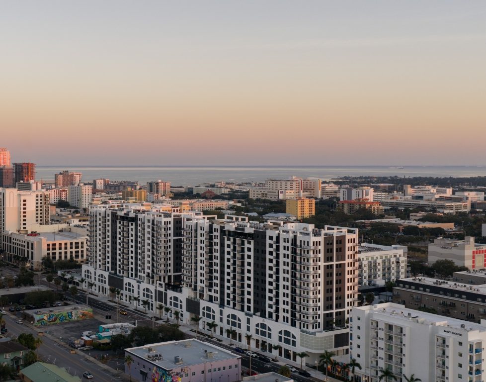 Sunset view of downtown St. Pete and VIV Apartments