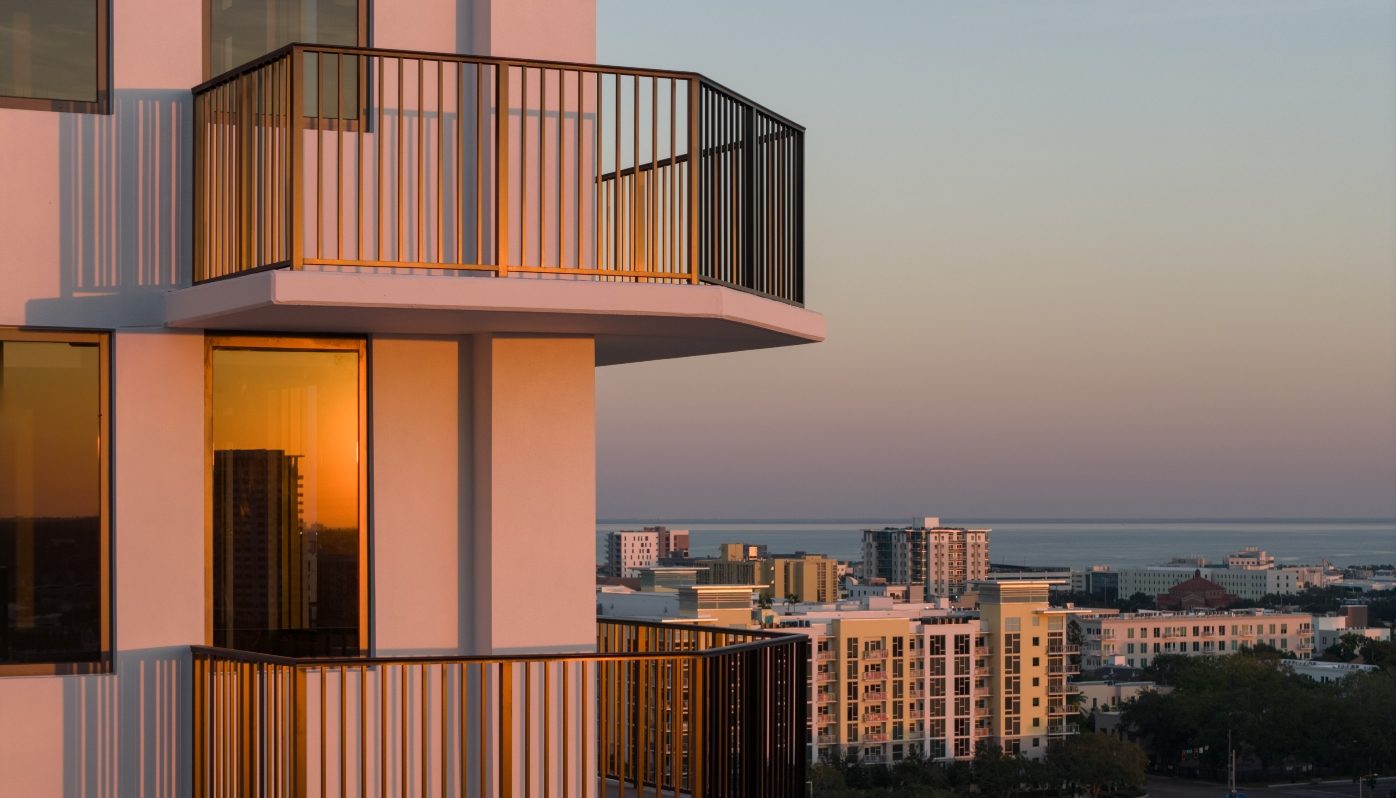 Balcony of Viv St. Pete apartments at sunset